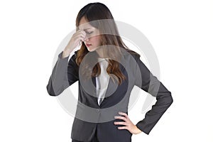 Business women in business suit so stressed out on pure white background