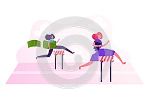 Business Women Characters Running on Stadium with Barriers Holding Money and Document in Hands