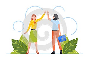 Business Women Giving High Five To Each Other. Business Teamwork, Successful Deal, Command Agreement Concept