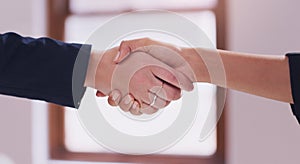 Business women, handshake and agreement to deal, partnership or b2b negotiation closeup. Professional people shaking