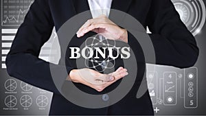 Business women holding posts in bonus. photo
