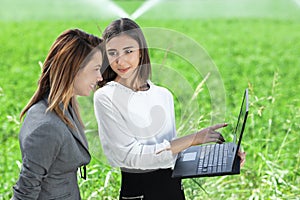 Business women with a laptop in a field with agriculture irrigation system