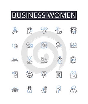 Business women line icons collection. Bustling, Vibrant, Central, Scenic, Historic, Energetic, Modern vector and linear