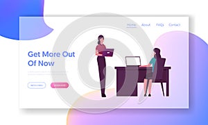 Business Women Office Employees with Laptops Landing Page Template. Female Character with Notebook Work