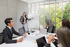 Business women are present in the meeting room. Group business working at the office. Team workers are talking business plan.