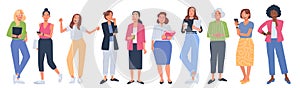Business women set. Diverse women in business and casual clothes with phones, laptops and notebooks. Female office workers
