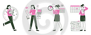Business women in stress. Stressed office characters, work deadline and tasks overload, tired female workers flat vector