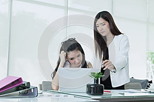 Business women working at office arguing with stressed and confused