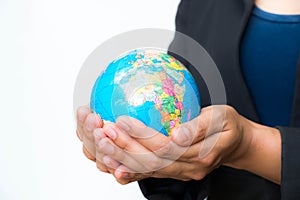 Business wonen holding globe