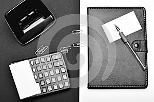 Business and work concept. Calculator, hole punch and organizer as work and business concept