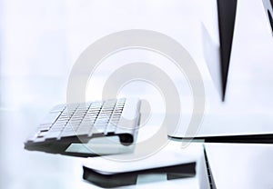 Business work desk with computer and keyboard modern office background