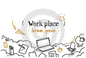 Business work desktop laptop workplace desk concept sketch doodle horizontal isolated copy space