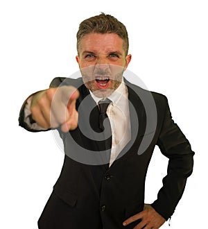 Business work lifestyle portrait of stressed and angry businessman screaming furious scolding very upset and unhappy as company