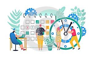 Business work with time management clock concept, vector illustration. Flat people man woman character use schedule for