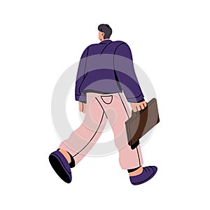 Business worker hurry goes to work back view. Employee rushing in office. Busy man carrying briefcase. Businessman in