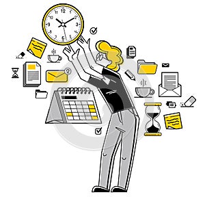 Business worker planning tasks and create time management vector outline illustration, productivity multitask prioritization,