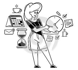 Business worker planning tasks and create time management vector outline illustration, productivity multitask prioritization,