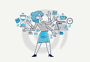 Business worker planning tasks and create time management vector outline illustration, productivity multitask prioritization,