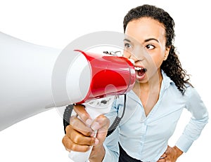 Business worker, shouting or megaphone in attention, calling or notification alert on isolated white background. Black