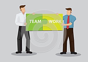 Business workers holding Jigsaw Puzzles with Text Teamwork Cartoon Vector Illustration