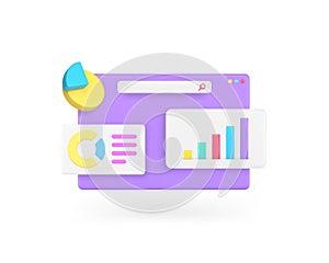 Business workflow data analyzing bar graph diagram internet browser 3d icon realistic vector