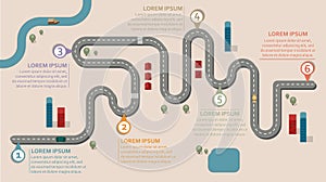 Business workflow roadmap with 6 check points in landscape, with sample text