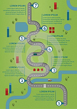 Business workflow roadmap with 7 check points in landscape, with sample text