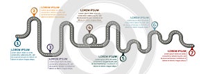 Business workflow roadmap in panoramic format on white with 7 check points