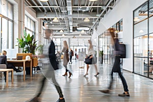 Business workplace with people in walking in blurred motion in modern office space, Generative AI