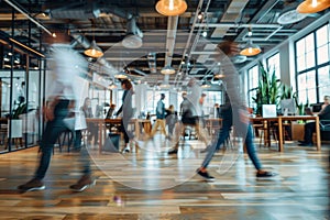 Business workplace with people in walking in blurred motion in modern office space, Generative AI