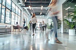 Business workplace with people in walking in blurred motion in modern office space, Generative AI