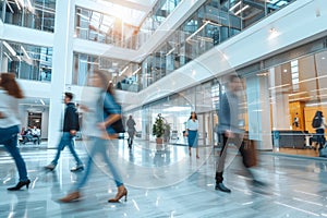 Business workplace with people in walking in blurred motion in modern office space, Generative AI