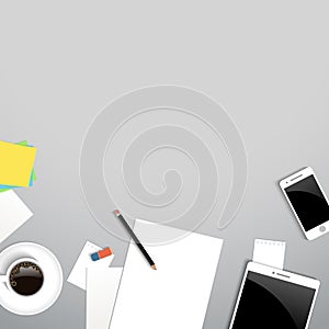 Business workplace top view. Office table with coffee, document, tablet, smartphone