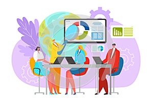 Business workshop meeting at office, people analysis chart vector illustration. Flat conference about graph, man woman