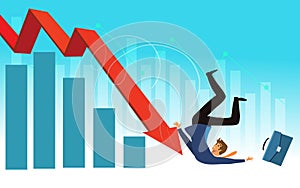 business world Crisis concept. a businessman falling with down arrow. Failure, bankruptcy, debt, risk in business concept.