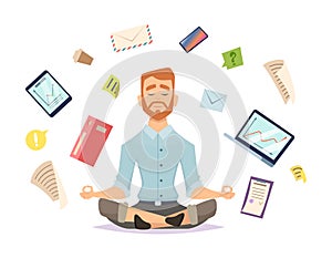 Business yoga concept. Office zen relax concentration at workspace table yoga practice vector illustration