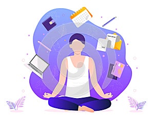 Business yoga concept vector. Office meditation, self-improvement, controlling mind and emotions, zen relax concentration yoga