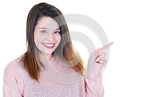 Business young woman pointing at copy space empty blank