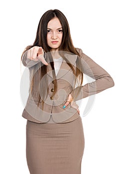 Business young woman pointing finger right isolated over white background