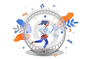 Business young woman runs rat race in hamster wheel clock. Concept of busy business people.