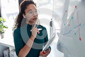 Business young woman working on white board in the office