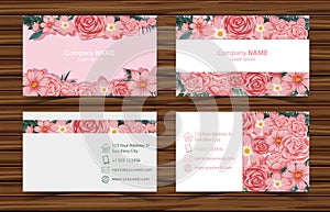 Businesscard templates with pink roses front and back view