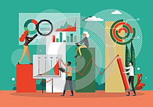 Businesscharts, concept flat vector illustration. Team work on finance and business strategy. Financial charts and data