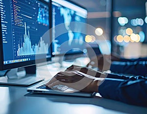 Businessdata Analytics with Multiple Computer Screens Showing Financial Graphs