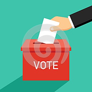 Hand putting vote into ballot box, Election concept, Simple flat colorful design for web site, logo, app, UI, Vector illustration.