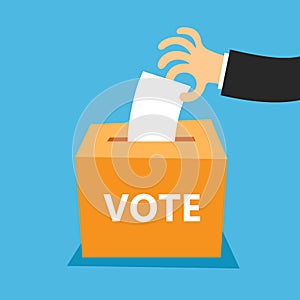 Hand putting vote into ballot box, Election concept, Simple flat colorful design for web site, logo, app, UI, Vector illustration.