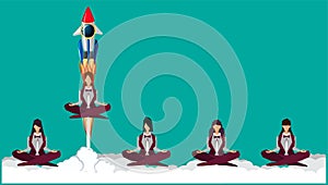 Businesslady 5 person practicing mindfulness meditation with Drive Rocket -Think differently - Being different, taking risky, move