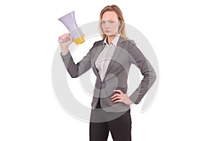 Businesslady with megaphone isolated on white