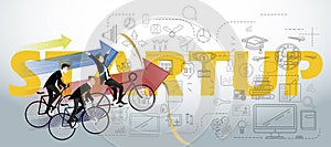 Businessman 3 people Cycling competition to success - creative illustration of business startup word lettering typography with bus
