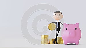 Businessman 3D character with piggy bank. Safe money storage concept. 3d rendering. Copy space banner